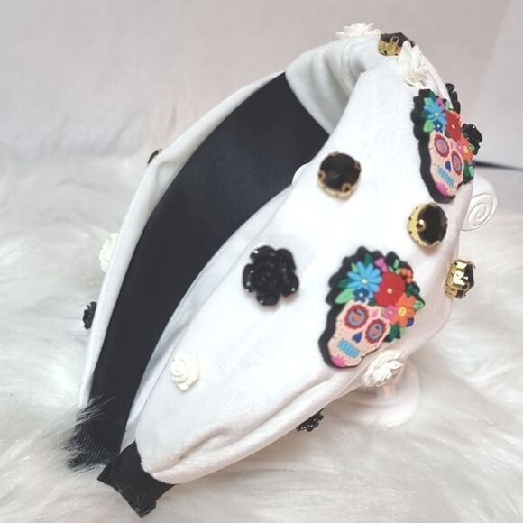 VELVET SUGAR SKULL FLORAL JEWELED HEADBAND - Picture 2 of 10